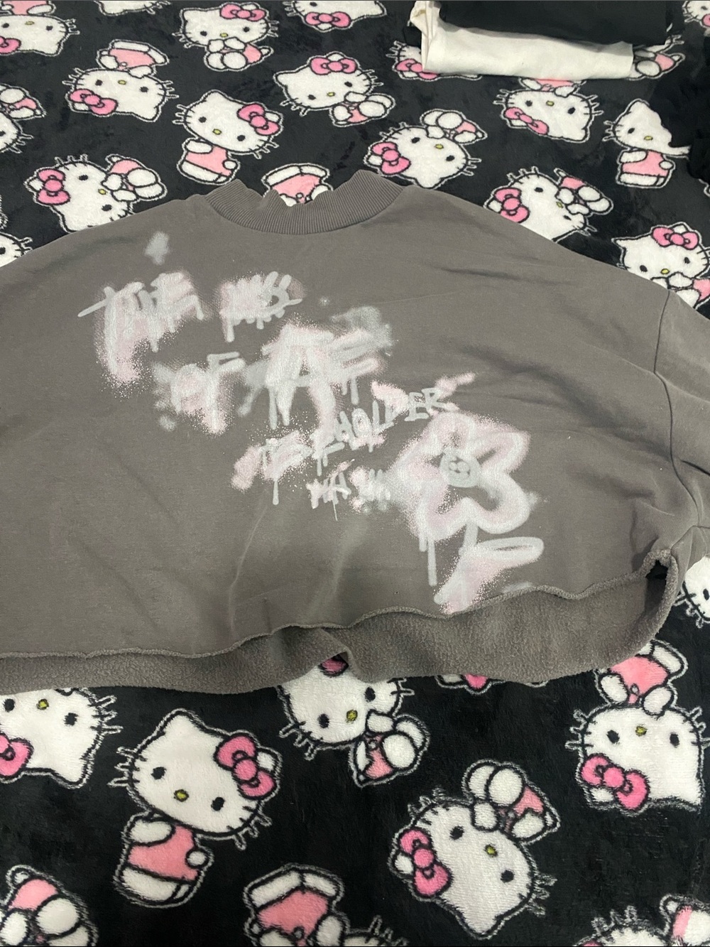 H&M Gray Cropped Crewneck Sweater with Pink Spray Graphic